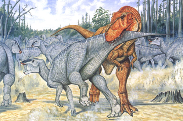 霸王龙的体色鲜艳，而鸭嘴龙就比较暗