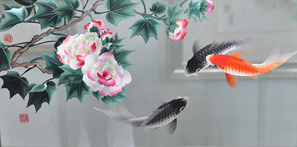 蜀绣三条芙蓉鲤鱼图